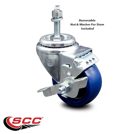 Service Caster 3.5 Inch Solid Polyurethane Swivel 3/8 Inch Threaded Stem Caster with Brake SCC SCC-TS20S3514-SPUS-TLB-381615